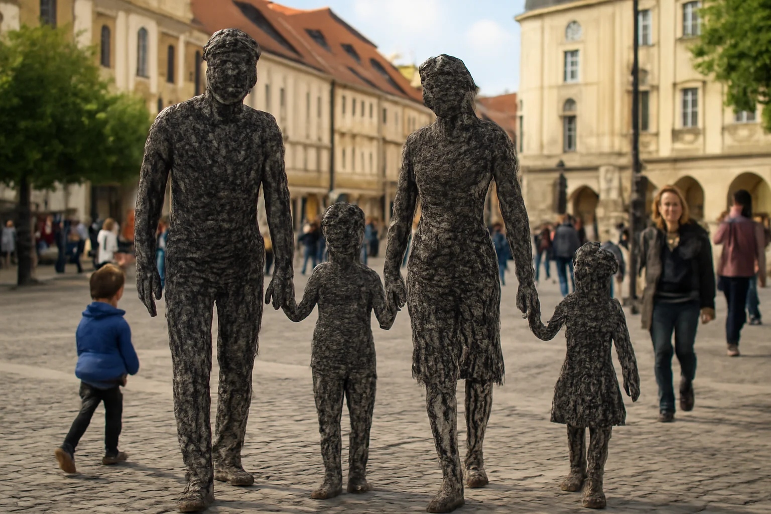 „Familia la plimbare”, lucrare din sârmă expusă în centrul Sibiului de artistul clujean Paul Cristian Cordoș