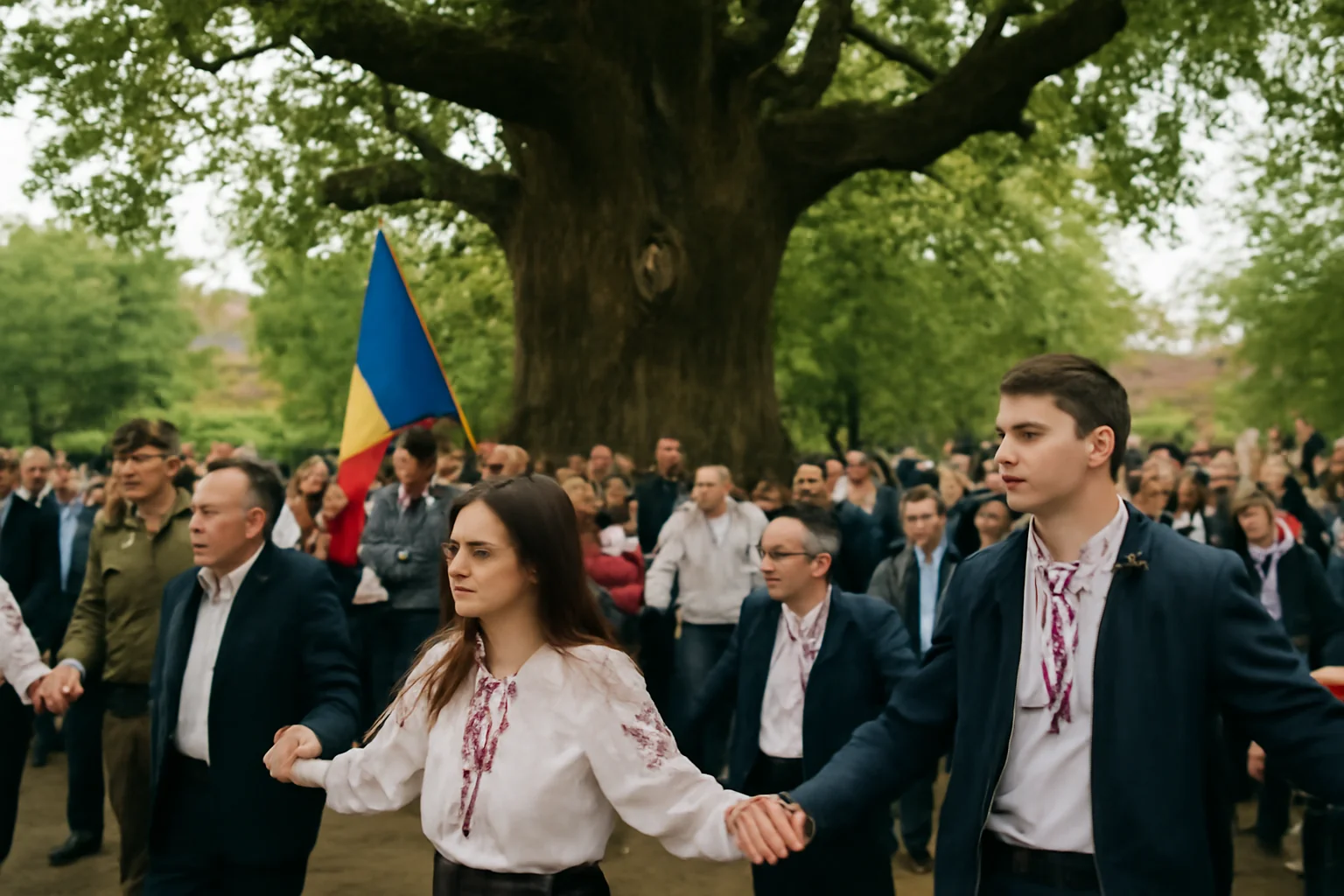 Hora Unirii în jurul stejarului lui Mihai Viteazul, marcată la Tălmaciu, județul Sibiu