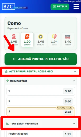 Adăugarea pontului pe Bet Slip și alte piețe de pariere