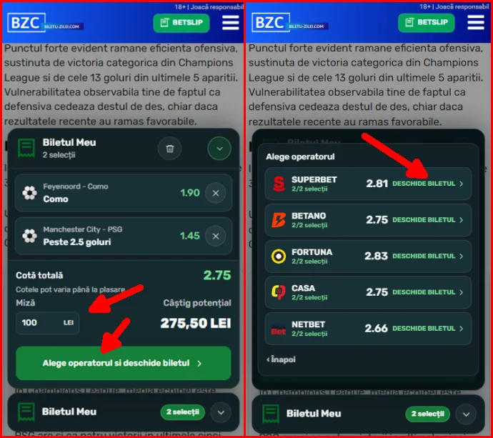Introducerea mizei și alegerea operatorului din Bet Slip