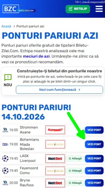 Pagina cu ponturi și butonul Vezi Pont pe biletu-zilei.com