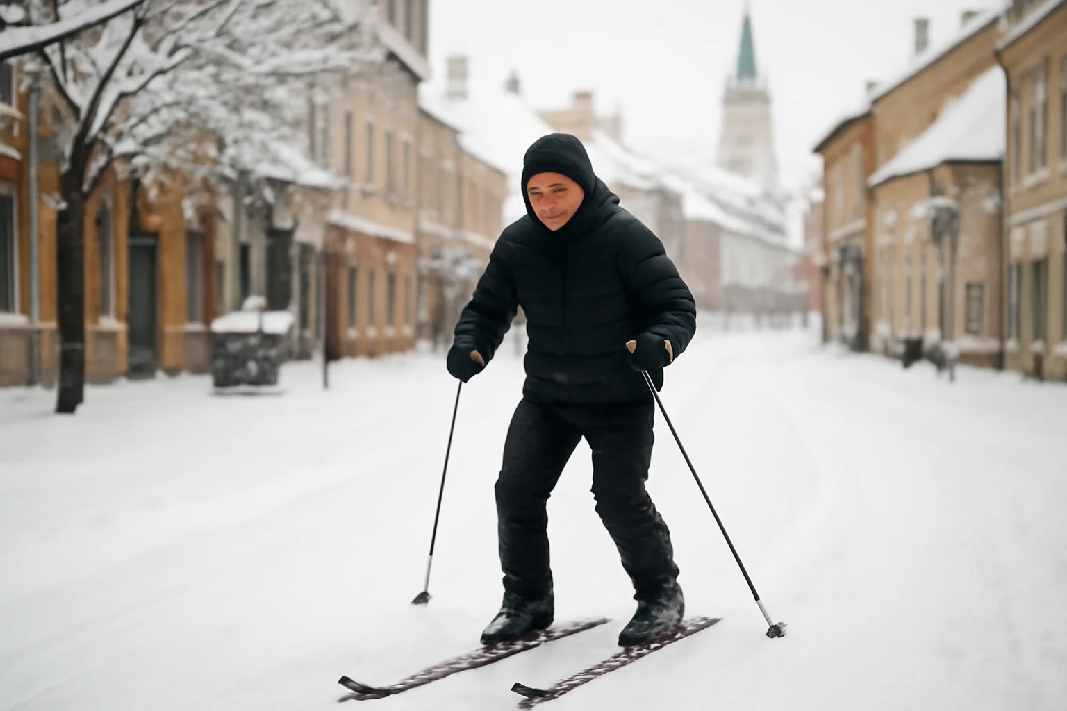 Sibian filmat deplasându-se pe schiuri prin oraș, după o ninsoare de 7 cm